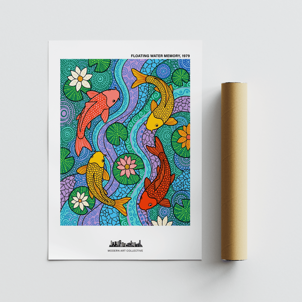 Koi Fish wall art illustration with colourful koi fish and lilies beside a packaging tube