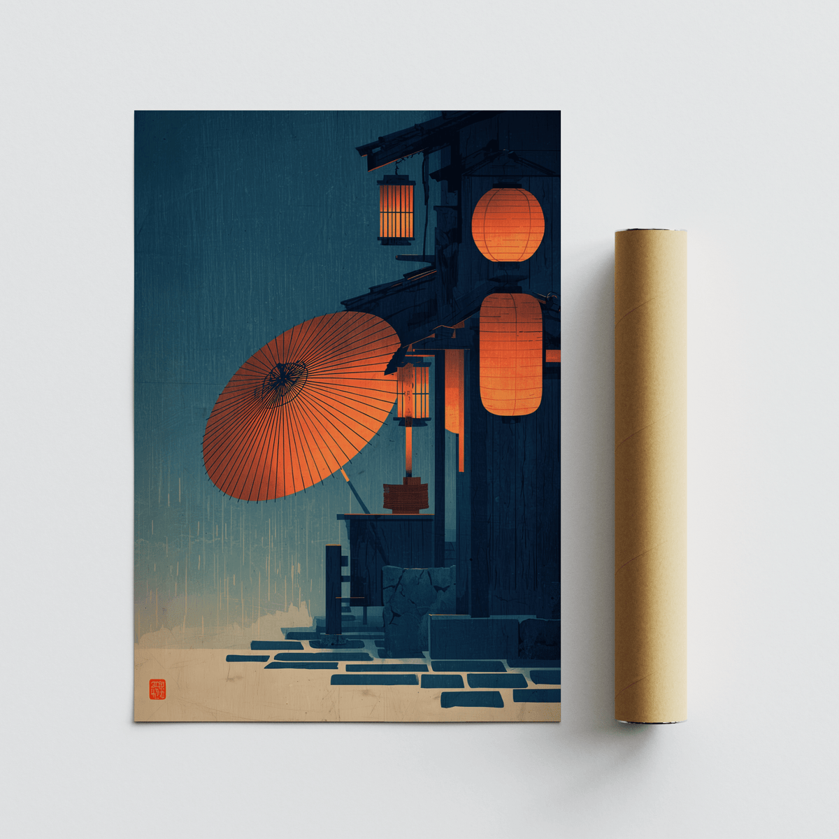 Japanese Night Scene Wall Art flat print showing red lanterns and umbrella beside building under rain with dark blue background