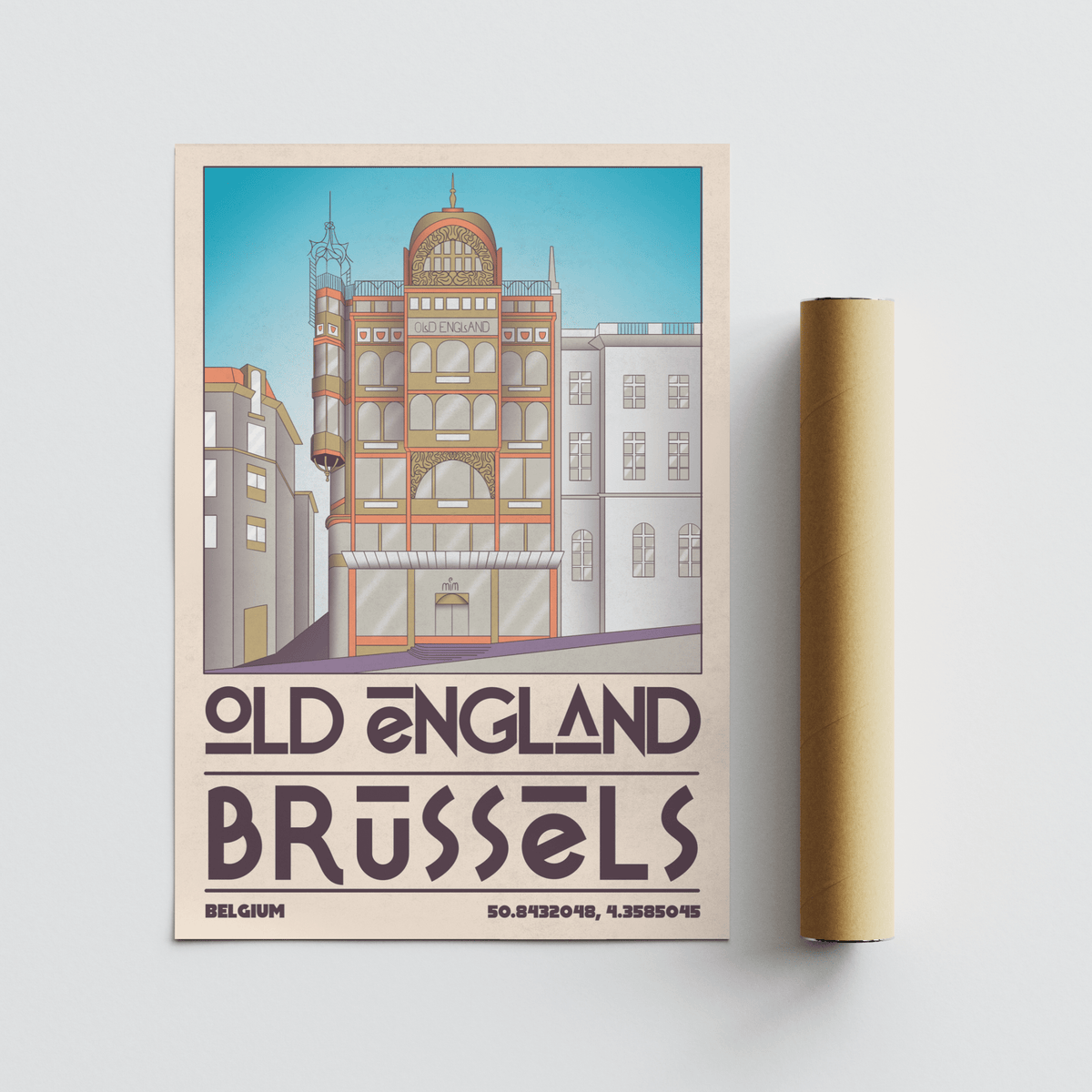 Brussels Architecture Print with old England building illustration and typographic style beside a packaging tube