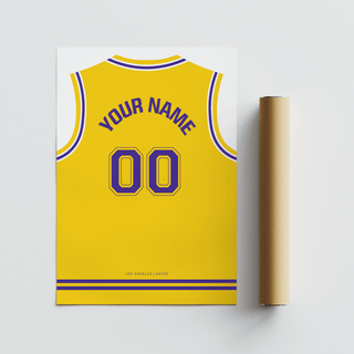 Basketball Jersey Poster in Yellow with Purple Number lying flat beside a packaging tube on grey surface