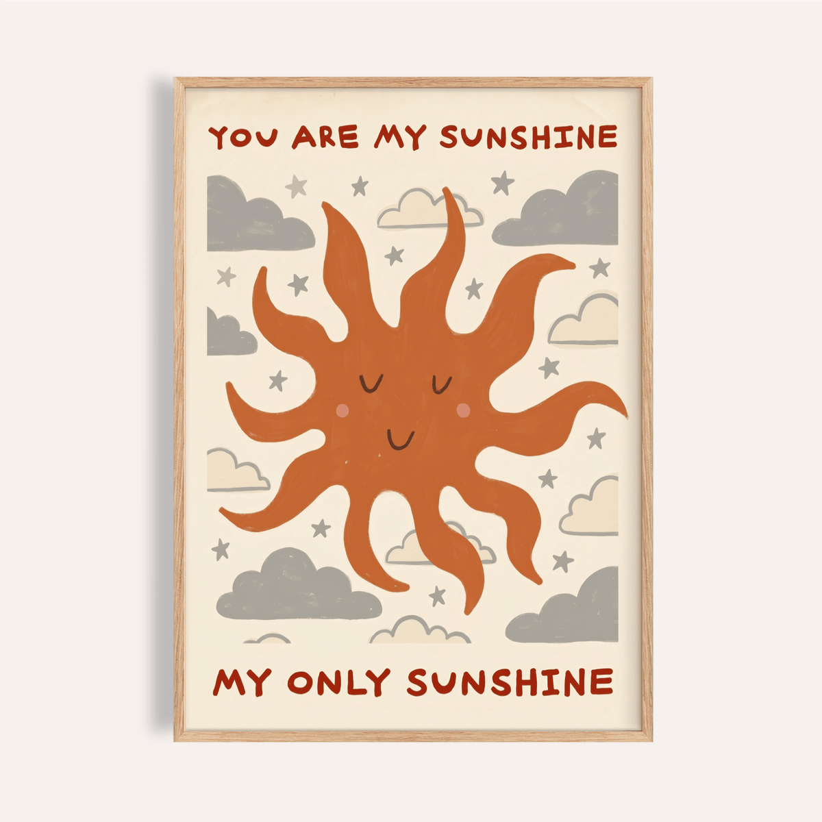 Framed print close-up of smiling sun with grey clouds and stars in an illustration style