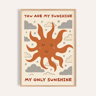 Framed print close-up of smiling sun with grey clouds and stars in an illustration style