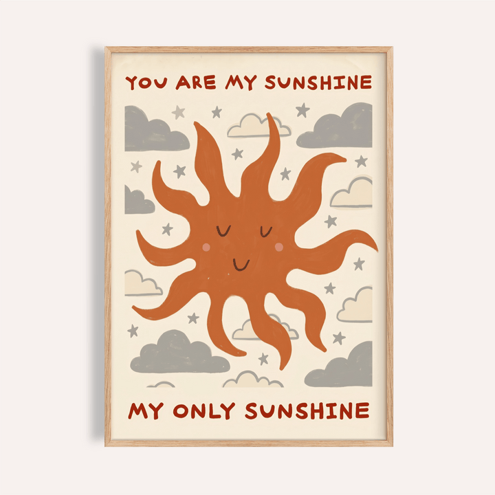Framed print close-up of smiling sun with grey clouds and stars in an illustration style