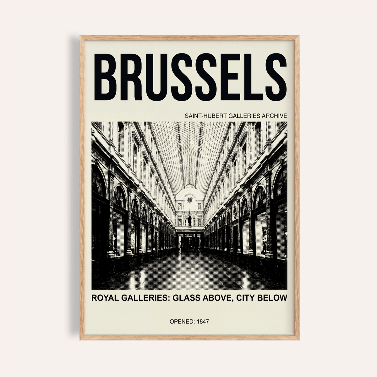 Brussels Gallery Print close-up of typographic and photographic artwork in a wooden frame