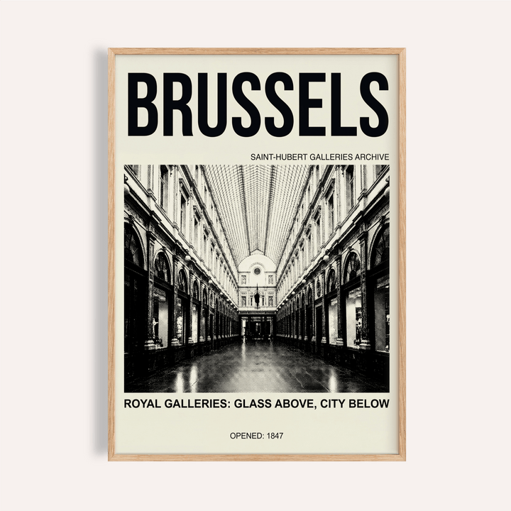 Brussels Gallery Print close-up of typographic and photographic artwork in a wooden frame