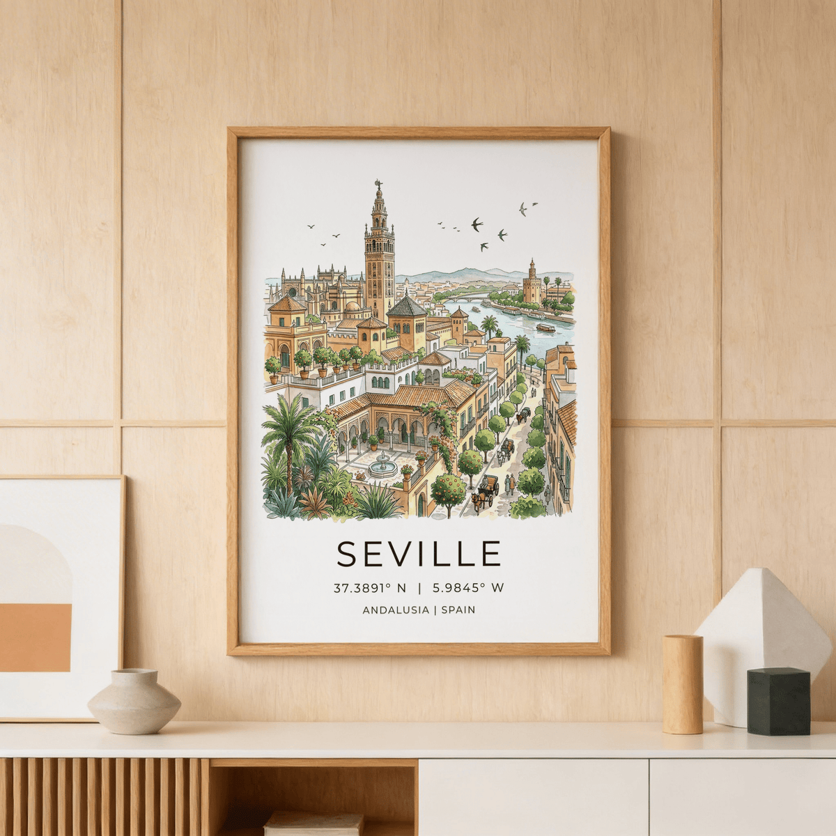 Seville art print framed with beige wood on a wooden panelled wall above a shelf with ceramics