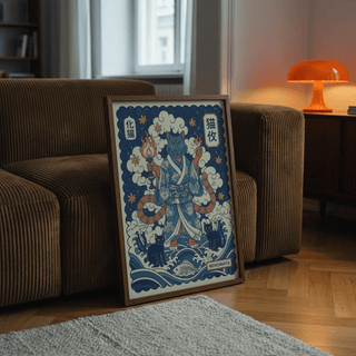 Print leaning on a brown couch of a nekomata cat guardian with blue, cream and orange tones and smoky background