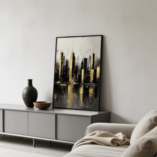 Print leaning on a grey sideboard of a gold and black city skyline poster with abstract reflections and a dark vase beside it