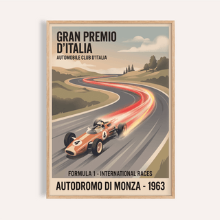 Front view Retro Racing Art Print showing vintage race car on curving track with speed trails and event text