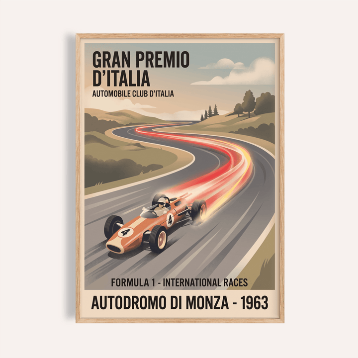 Front view Retro Racing Art Print showing vintage race car on curving track with speed trails and event text