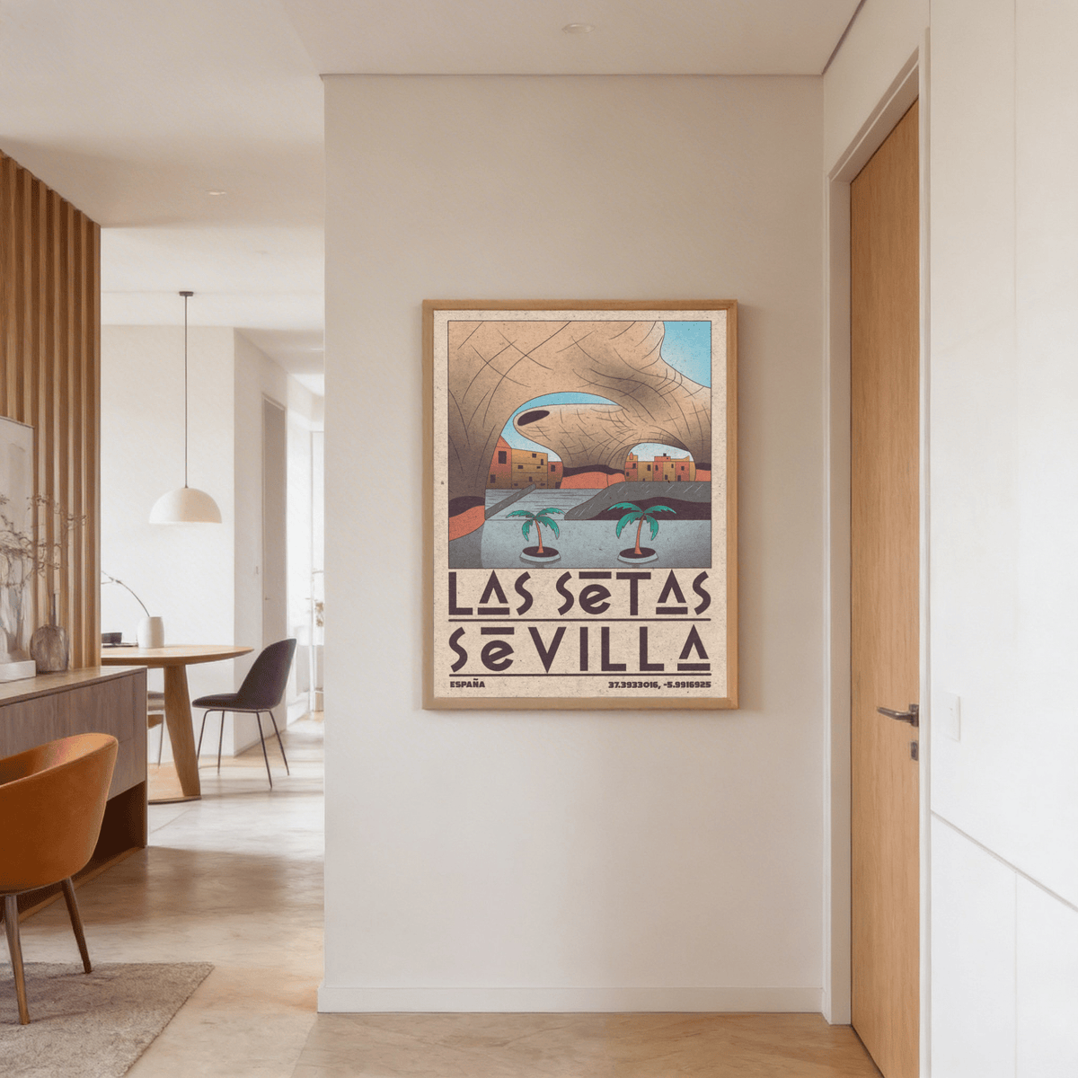Modern Sevilla wall art of Las Setas structure in retro style hanging in a hallway beside a wooden door