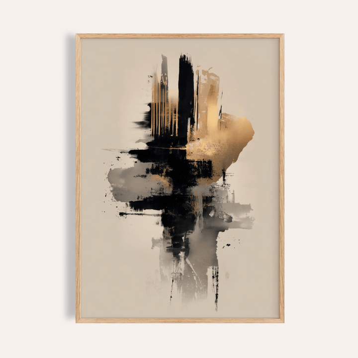 Framed gold and black poster with abstract brush strokes in a minimalist style