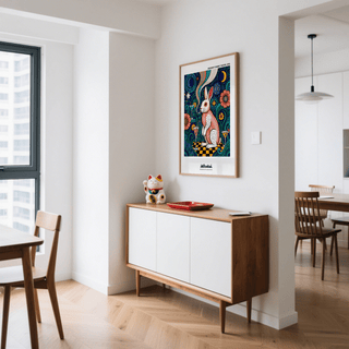 Colorful Rabbit Art Print hanging above a sideboard with a cat figurine in a dining room