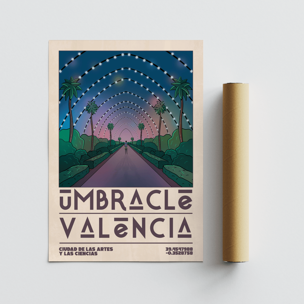 Poster Valencia with night sky arches and palm trees next to a brown packaging tube
