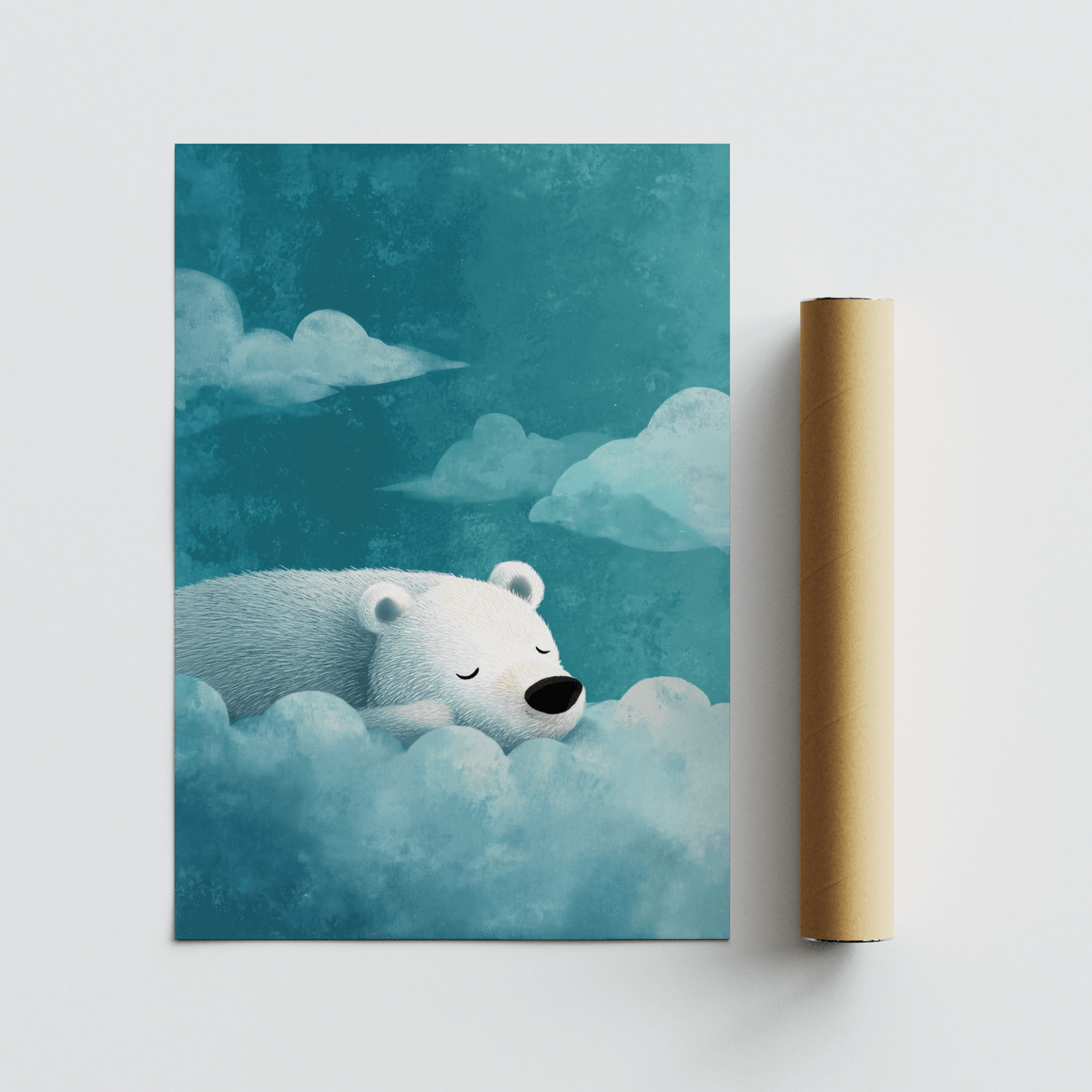 Sleeping polar bear illustration in blue and white with cloud shapes next to a packaging tube