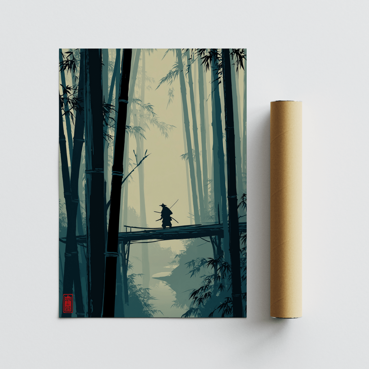 Japanese Bamboo Art Print with a samurai on bamboo bridge shown next to a packaging tube