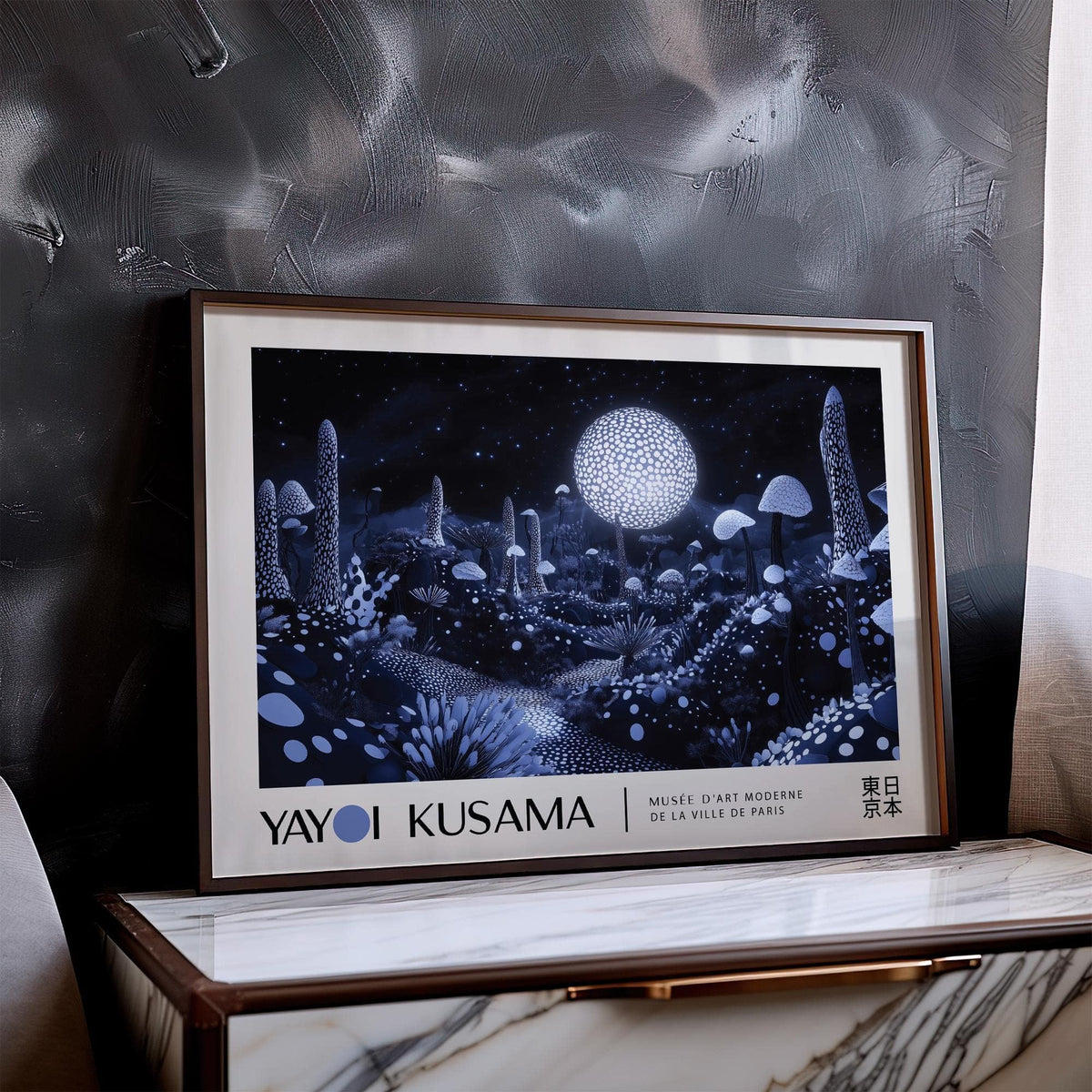 Framed Moon Art Wall print of glowing mushrooms with blue and white tones leaning on a marble surface