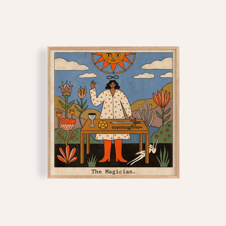Framed Tarot Magician wall art featuring an abstract magician figure with orange boots and folk-art flowers
