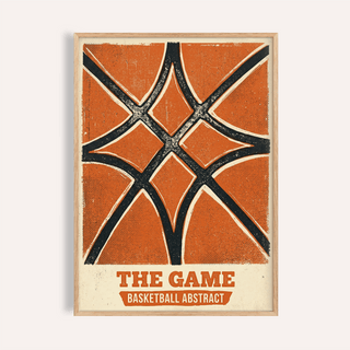 Framed basketball abstract print in orange and black with vintage text below