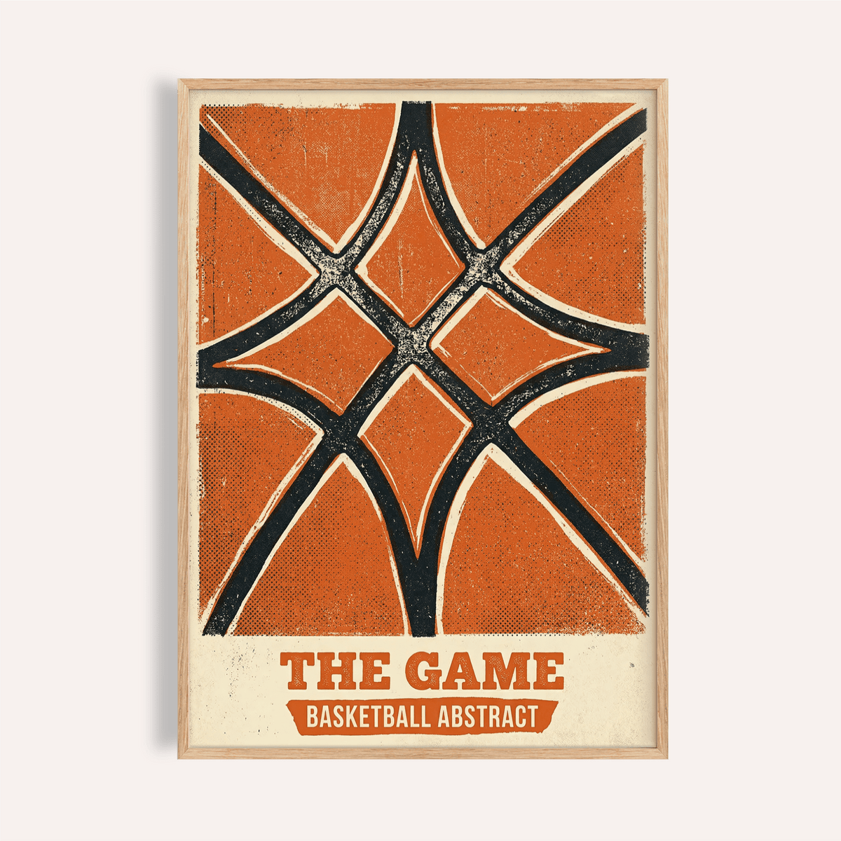 Framed basketball abstract print in orange and black with vintage text below