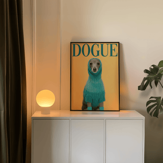 Cute Pet wall art of a dog in a blue sweater on a yellow background leaning on a white cabinet with a round lamp