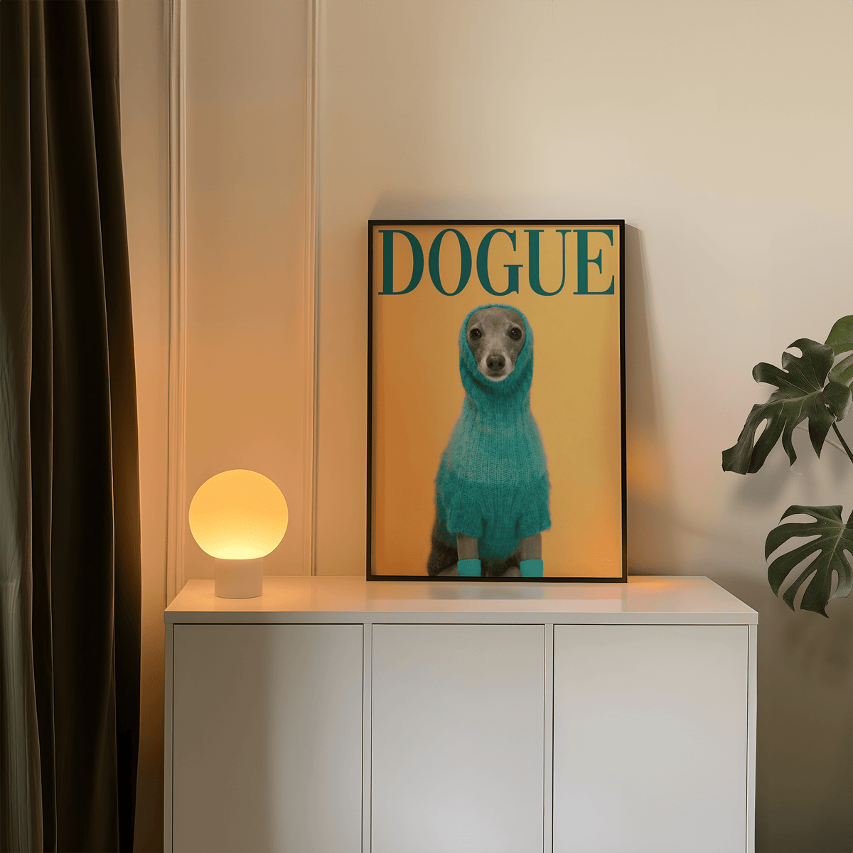 Cute Pet wall art of a dog in a blue sweater on a yellow background leaning on a white cabinet with a round lamp