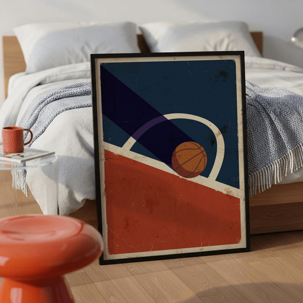 Vintage Basketball Poster print leaning against a bedroom wall beside a small orange stool