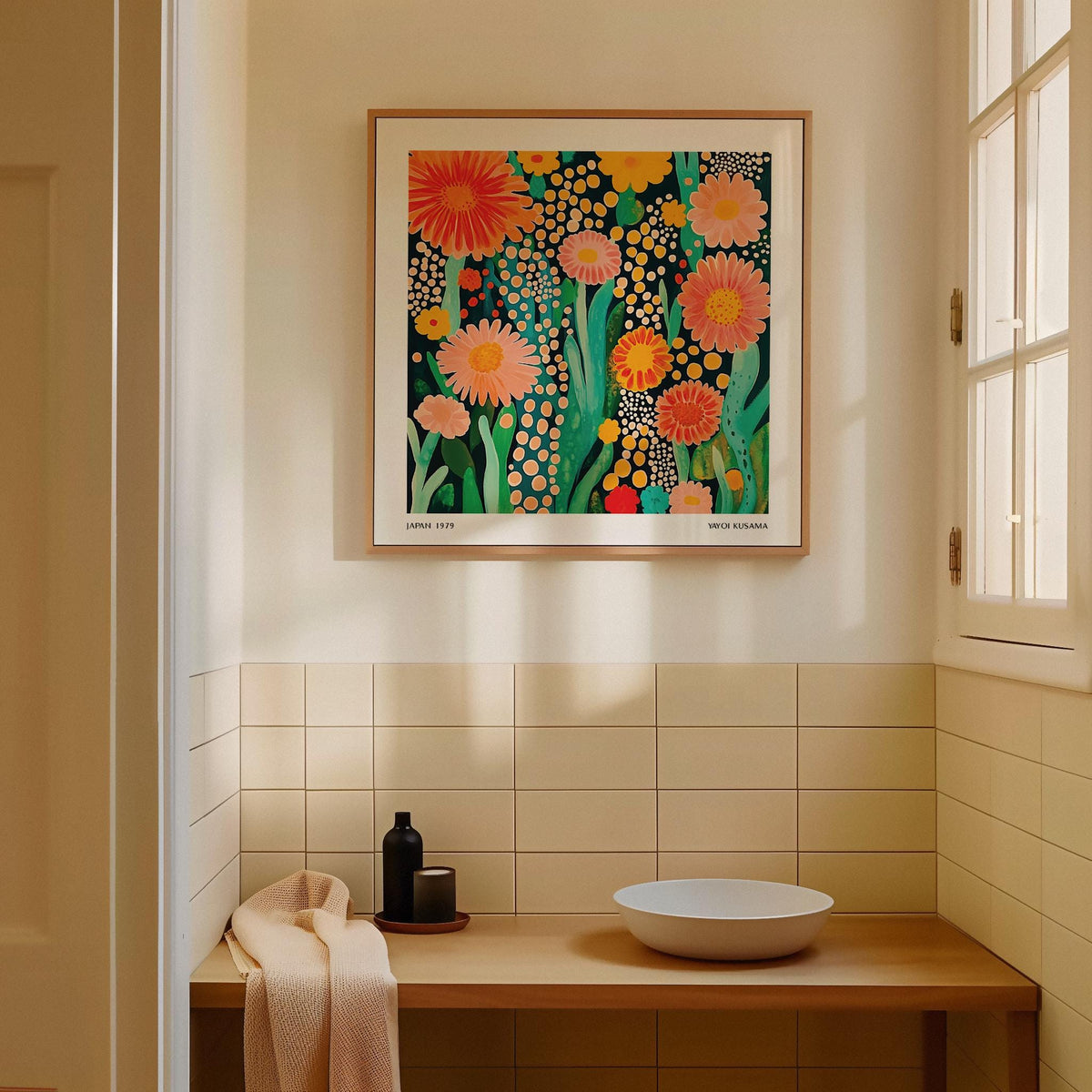 Flowers print with orange and pink flowers in abstract style in a tiled bathroom with a towel and bottle