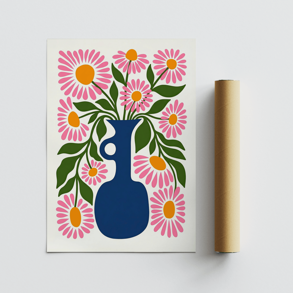 Flower Vase Print flat artwork of pink daisies in a blue vase with green leaves beside a brown packaging tube