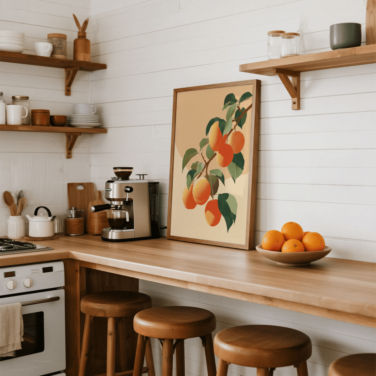 Apricot wall print leaning on a wooden kitchen counter with a bowl of oranges nearby
