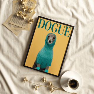 Cute Pet Wall Art print of a dog in a blue sweater on a yellow background with coffee and flowers nearby