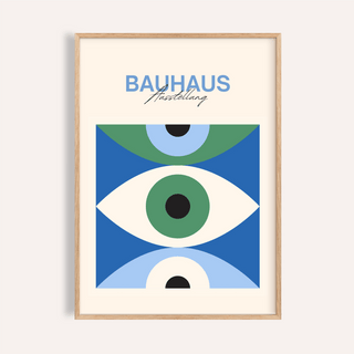 Framed Eye Art Print with blue green and black abstract eye shapes and bauhaus text