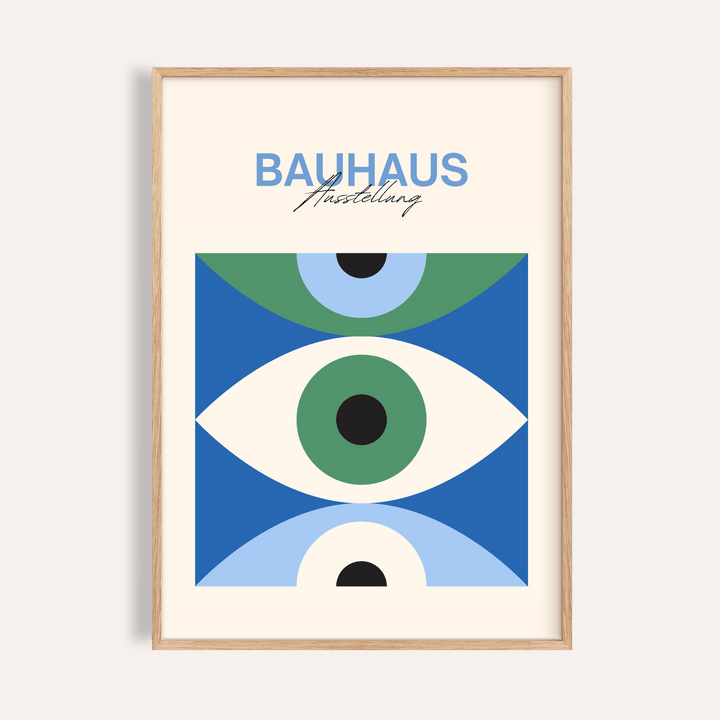 Framed Eye Art Print with blue green and black abstract eye shapes and bauhaus text