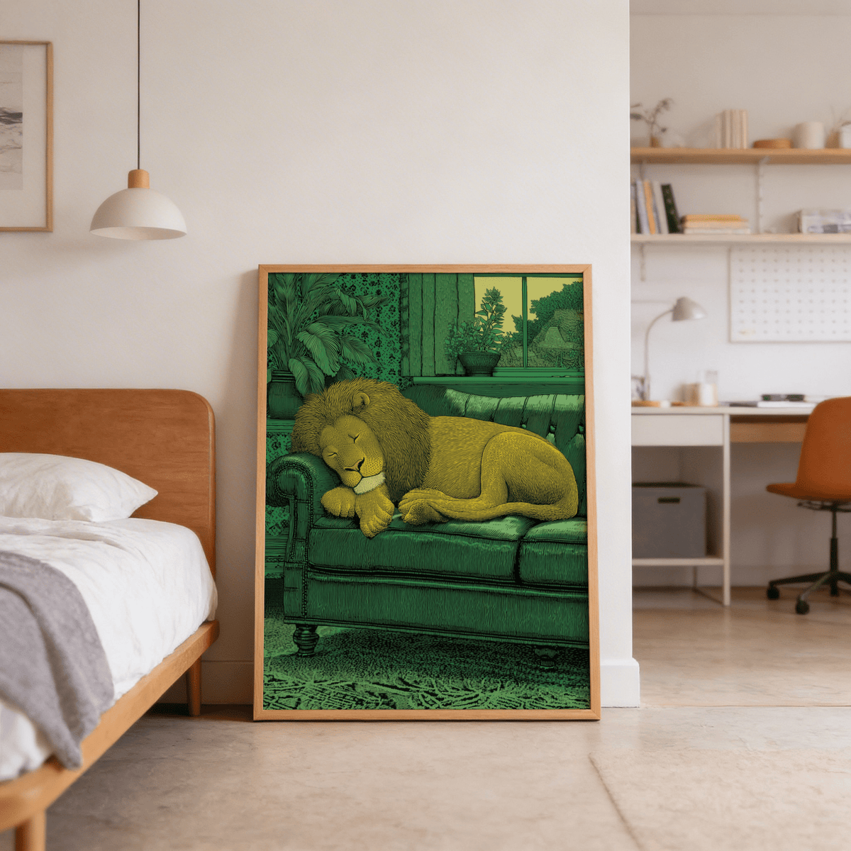 Sleeping Lion Print leaning on the floor with a green and yellow illustrated lion beside a bed in a bedroom