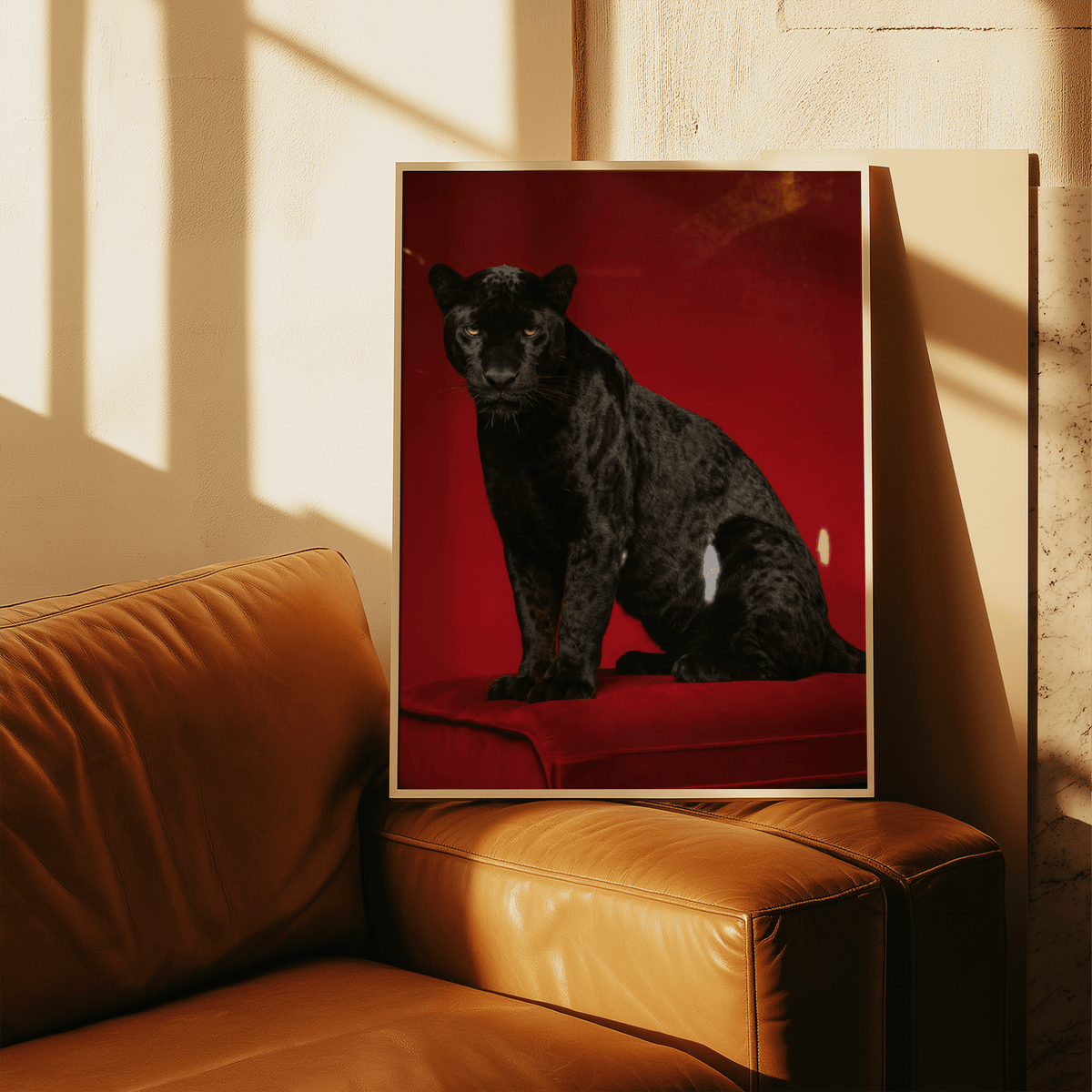 Framed Black Panther Art Print close-up showing black panther on red background resting on brown leather sofa