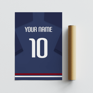 Rolled football shirt poster in navy blue with white number and personalised text beside a packaging tube