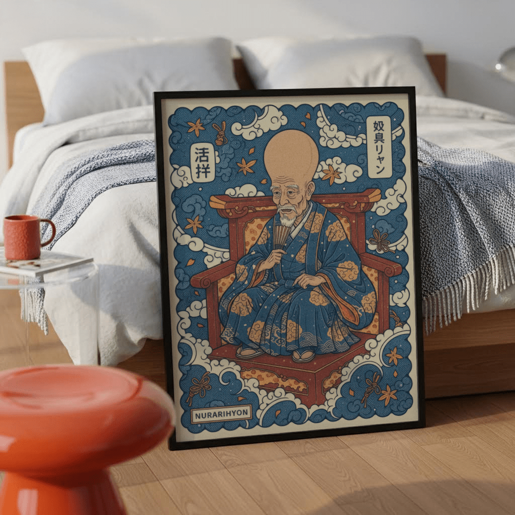 Nurarihyon wall art framed close-up of an elder in blue and brown robes leaning on wooden floor by bed and chair