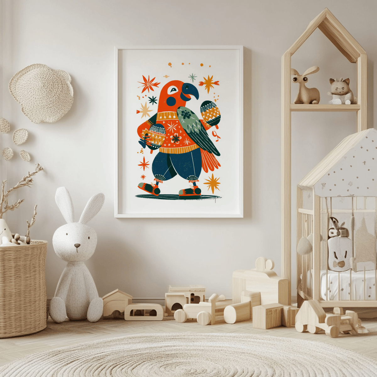 Playful Animal Poster of a parrot with maracas in bright colours in a child's room with toys