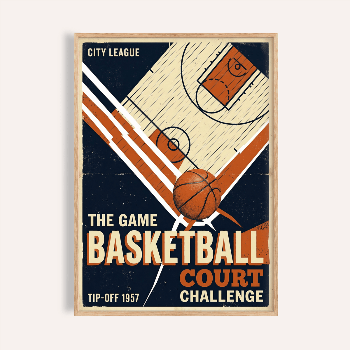Framed print close-up of retro sports wall art featuring a vintage basketball court diagram in orange and navy