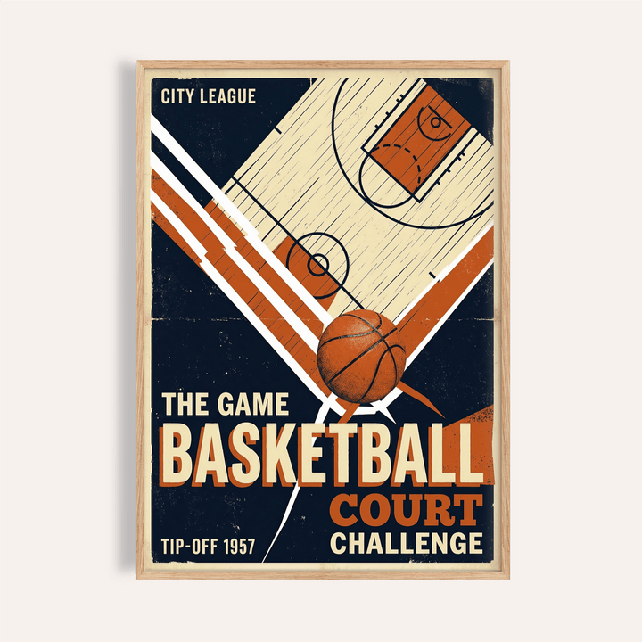 Framed print close-up of retro sports wall art featuring a vintage basketball court diagram in orange and navy