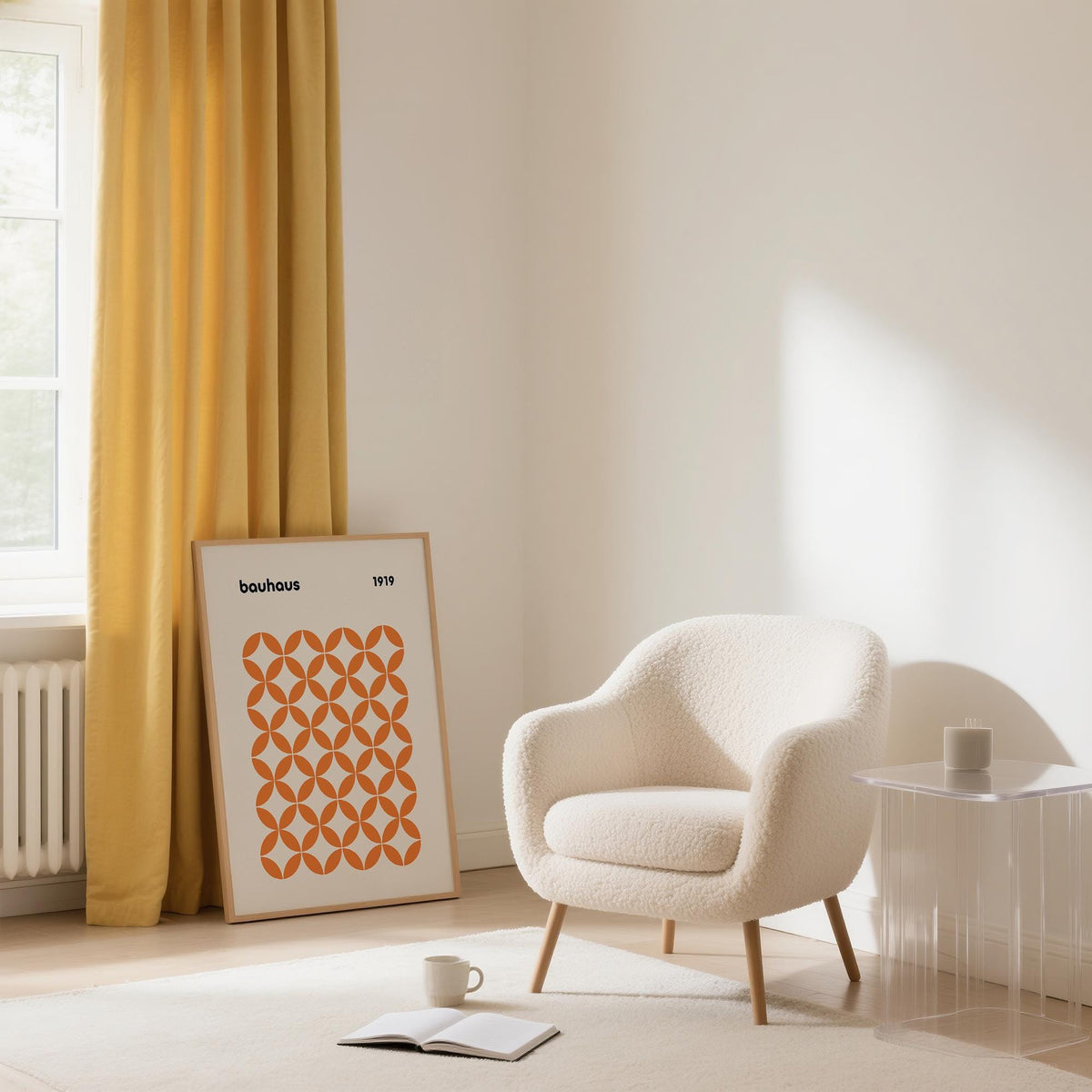Orange minimalist print leaning against wall near yellow curtains and soft white armchair