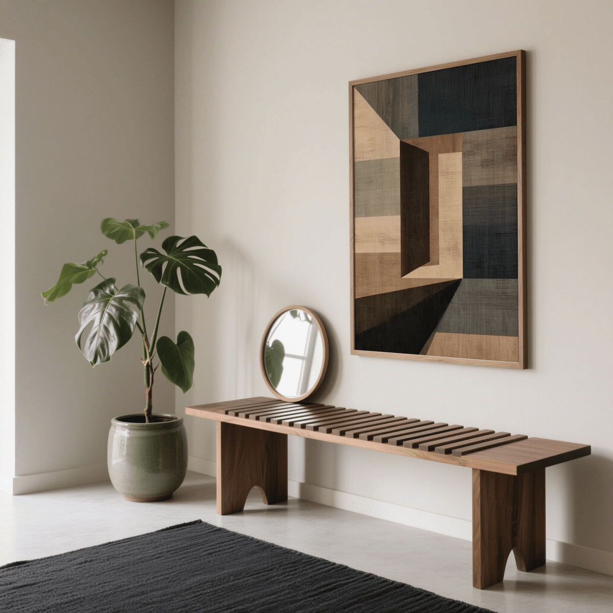 Abstract Geometric Wall Art print with beige and dark blocks above a wooden bench and round mirror in a minimal hall