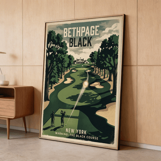 Print leaning on a wooden floor of a New York golf course with vintage colours and illustration style next to a wooden side table