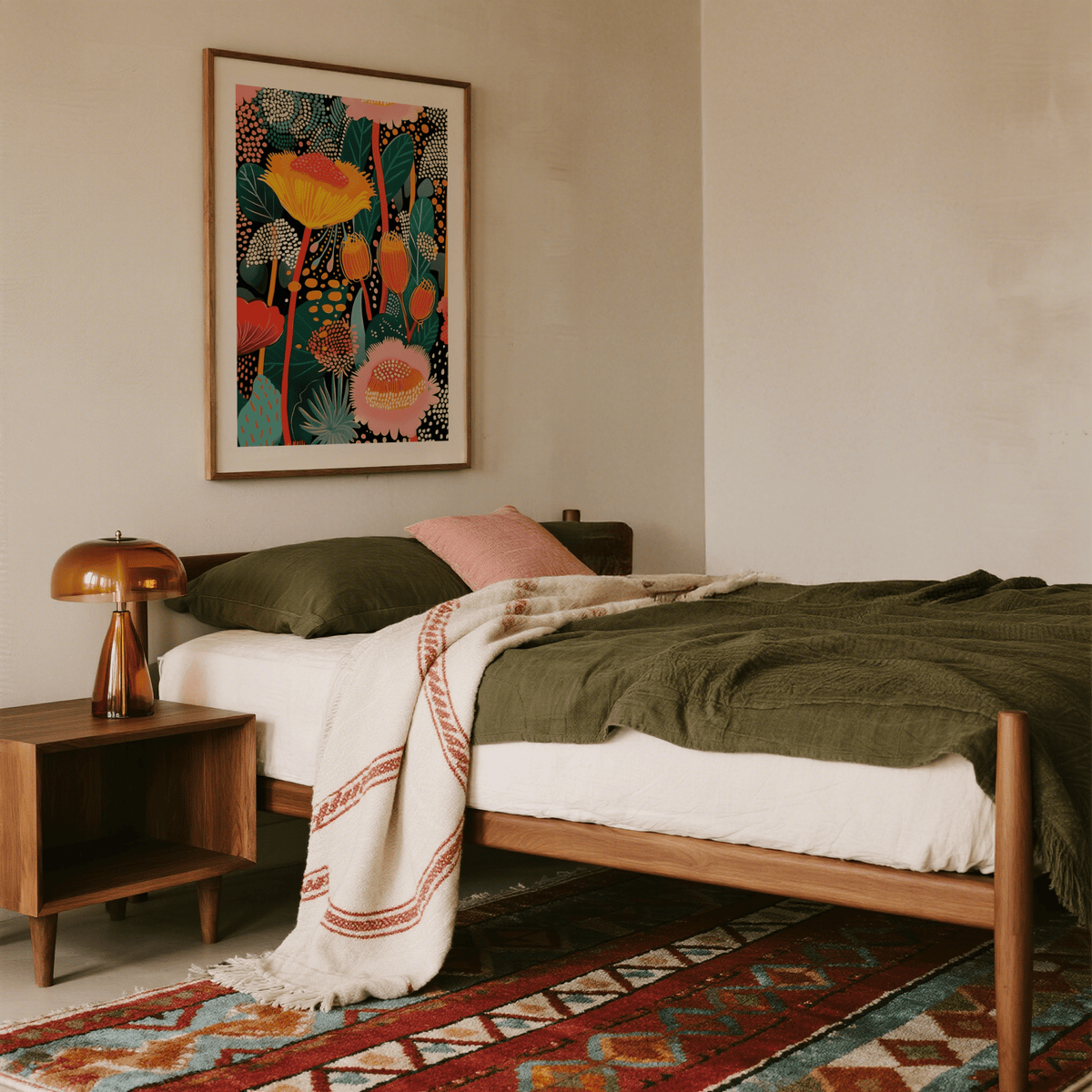 Print on a wall in a bedroom of a stylized floral bouquet with yellow and pink blooms above a wooden bedside table
