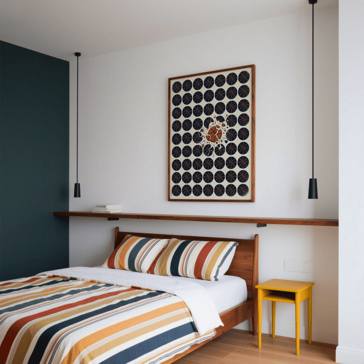 Basketball Burst Art Print on a bedroom wall above a wooden bed with striped bedding and a small yellow side table