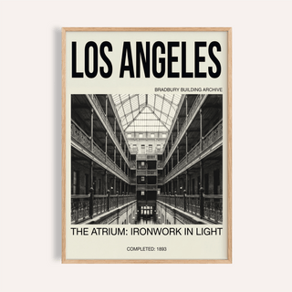 Framed print of Los Angeles architecture art print with black and white atrium photograph in a wooden frame