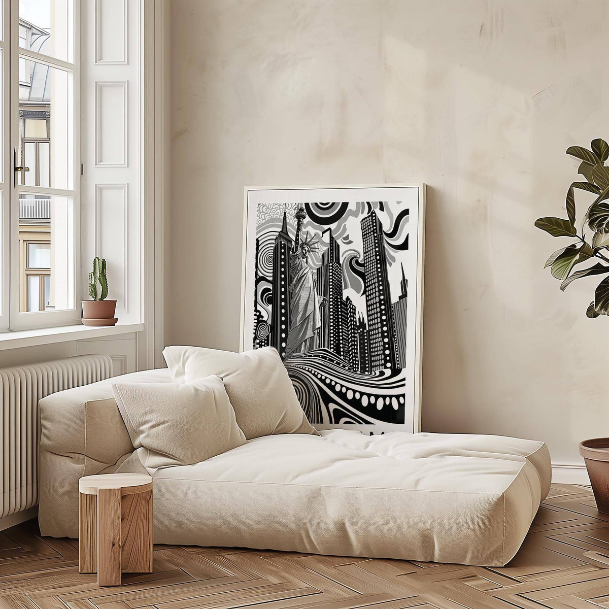 Print leaning on floor with black and white New York Cityscape wall art with abstract Statue of Liberty beside a beige couch