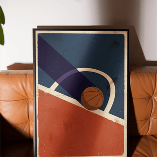 Vintage Basketball Poster leaning on a brown leather seat shows a basketball entering the hoop with a vintage style