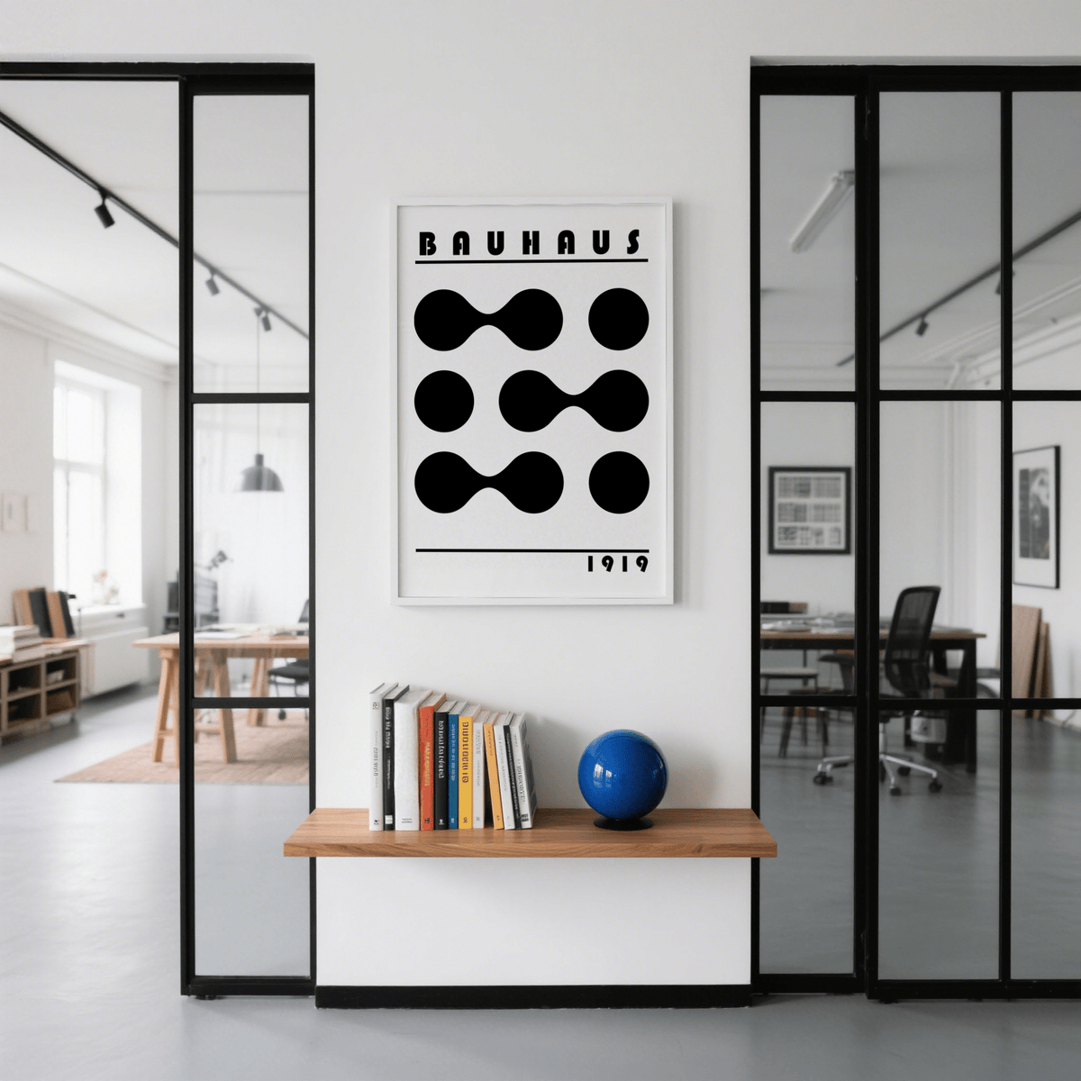 Minimalist geometric print of black abstract shapes in a modern office above a shelf with books and a blue globe