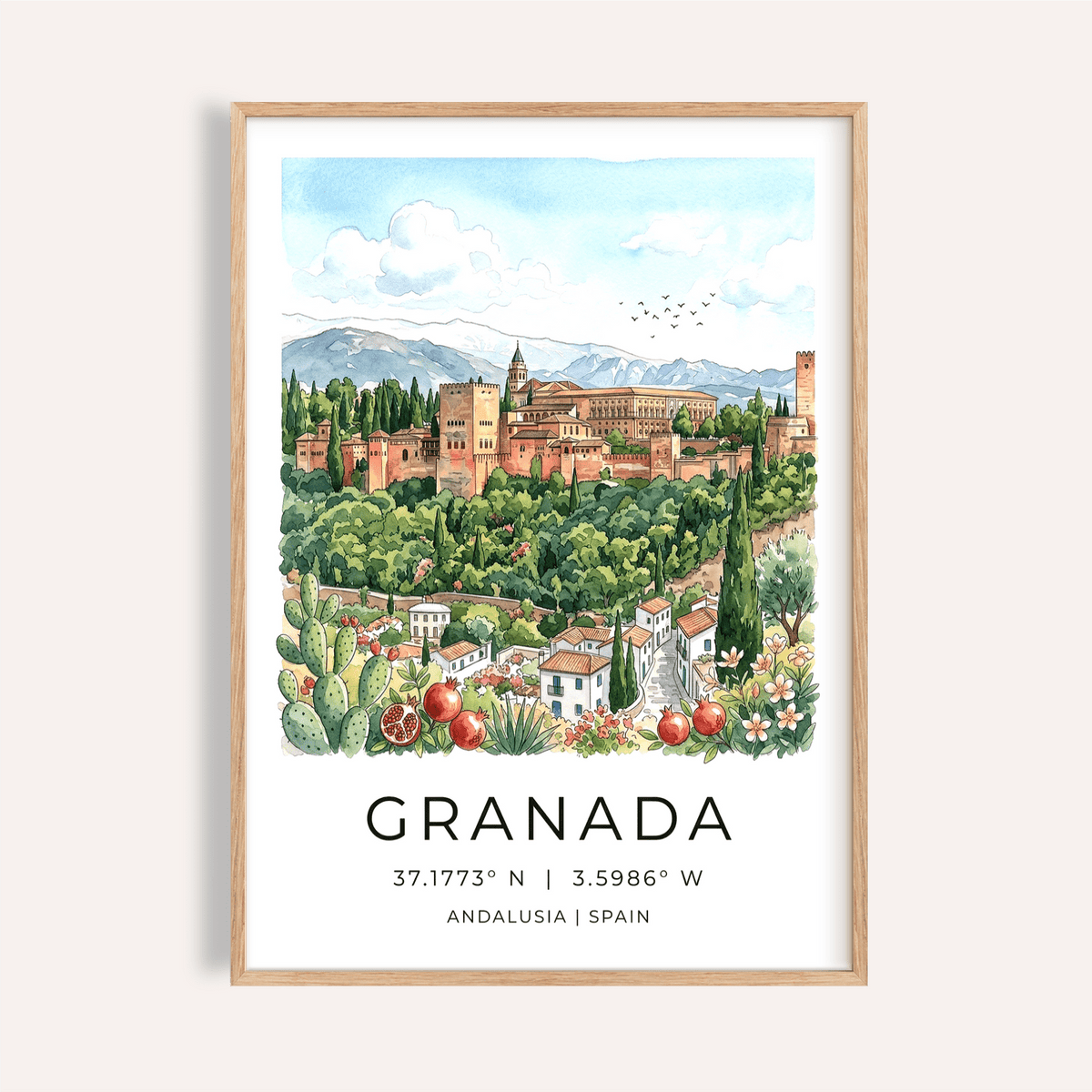 Framed Granada Spain art print of the Alhambra fortress with greenery and blue sky